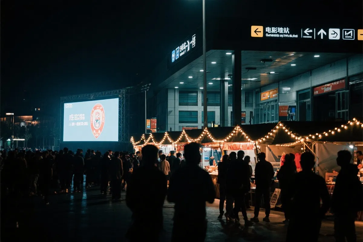 费城球迷广场夜景：大屏观赛人群、步行指示牌与公共交通入口