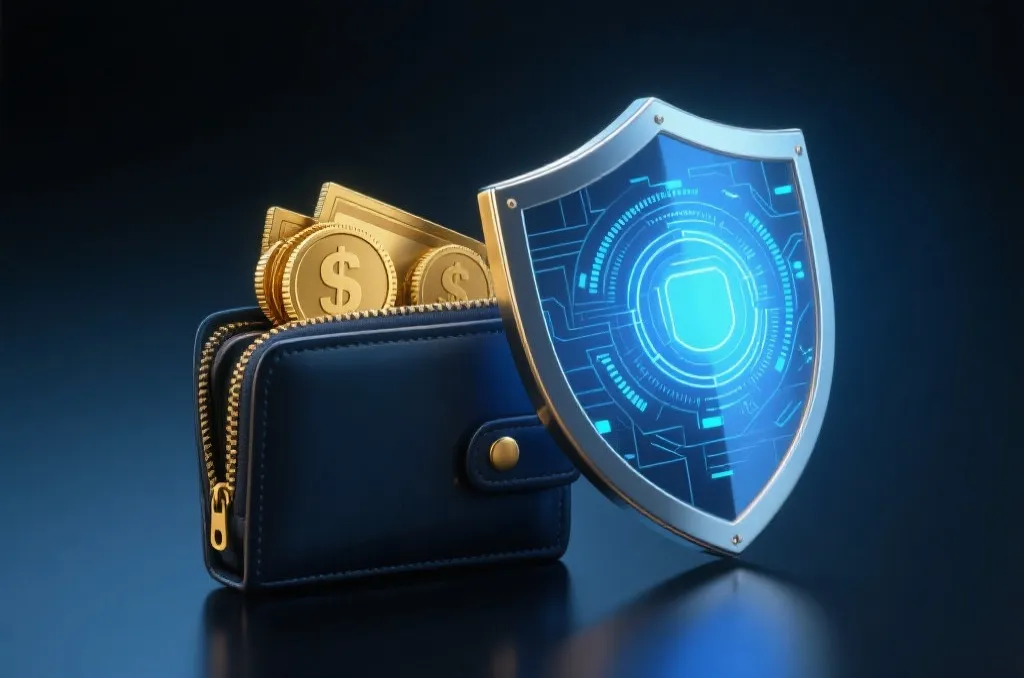 安全的数字盾牌保护着装有金币的钱包，网络安全，蓝金色调，专业质感